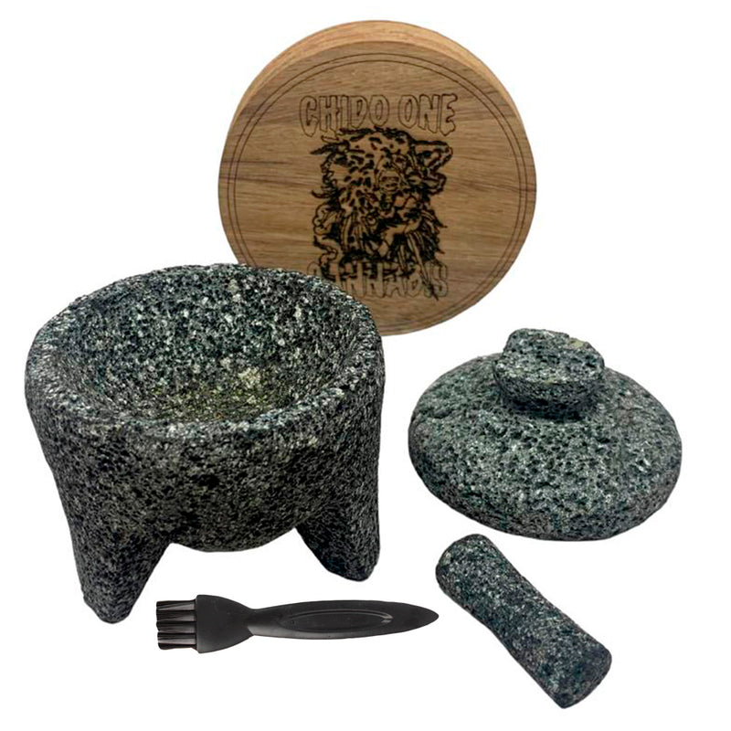 Grinder Molcajete Moledor de Hierbas de Piera Volcánica Con Charola de Madera para Rolar