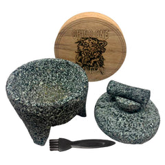 Grinder Molcajete Moledor de Hierbas de Piera Volcánica Con Charola de Madera para Rolar