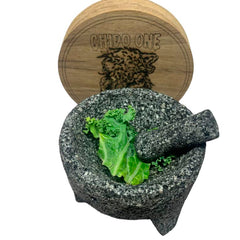 Grinder Molcajete Moledor de Hierbas de Piera Volcánica Con Charola de Madera para Rolar